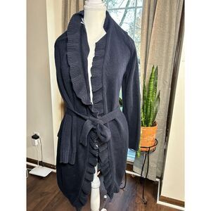 Talbots dark blue ruffle scalloped long lined‎ cardigan sweater duster Medium
